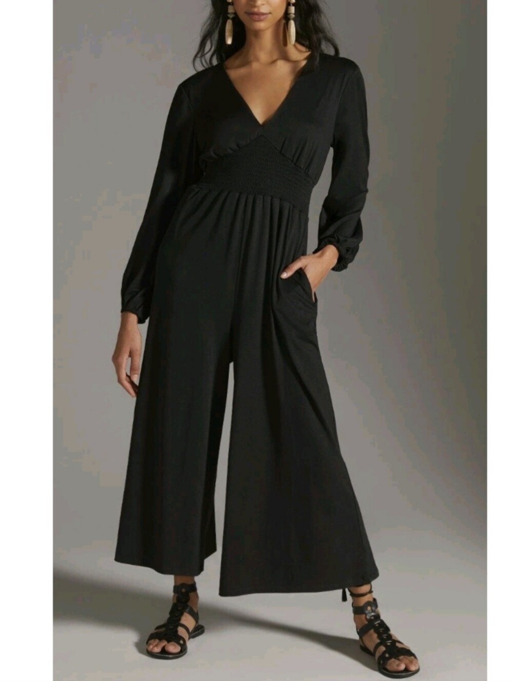 Anthropologie Hutch Women's Black V-Neck Wide-Leg Knit Jumpsuit Size XS Pockets.